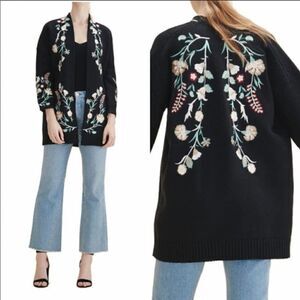 Maje Mirodi Black Floral Embroidered Open Front Knit Cardigan Size 1 / Small